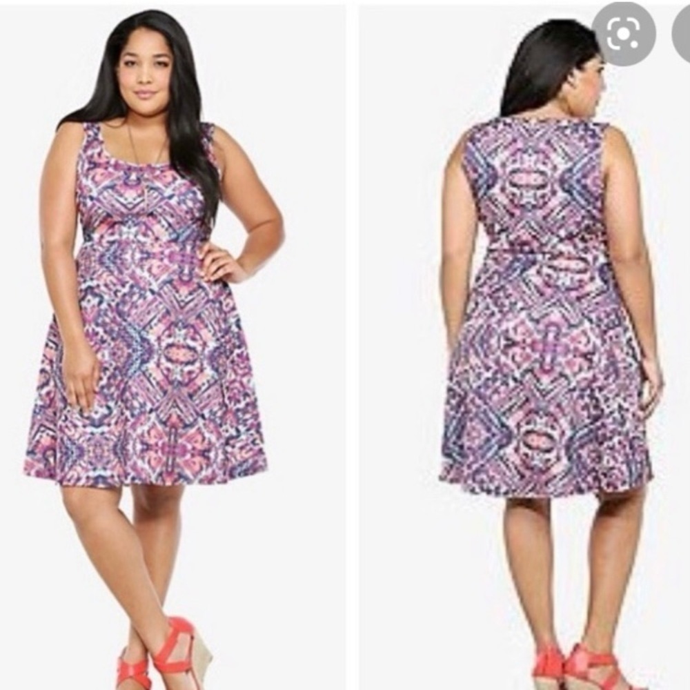 Torrid Purple and Pink Fit and Flare Midi Dress Sleeveless Scoop Neck